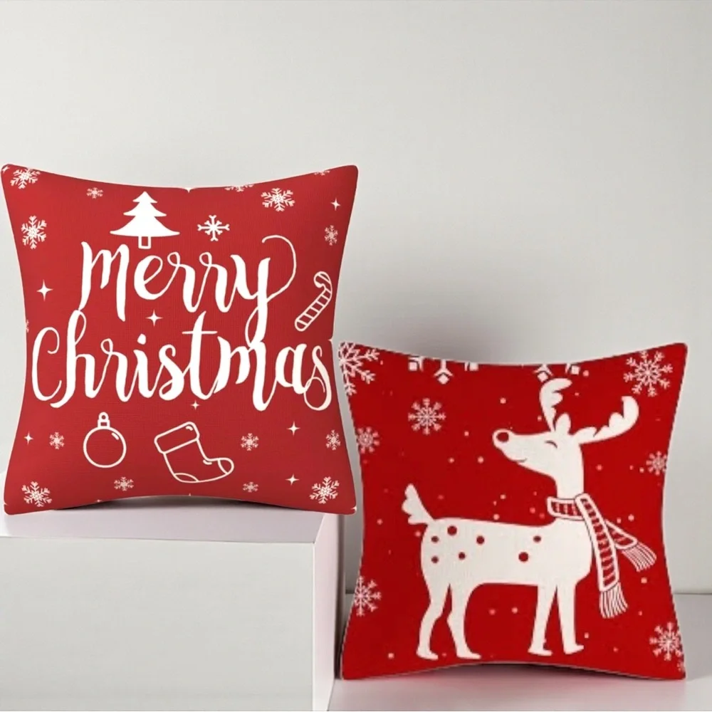 Christmas Pillow Covers 18x18 Set of 2 Red White Reindeer Merry Xmas Holiday